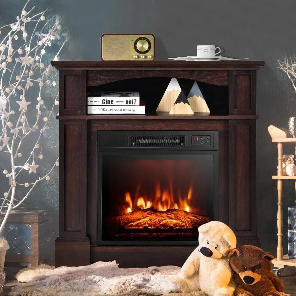 Electric Fireplace with Mantel, 1400W Freestanding Heater with Remote Control & Adjustable Brightness, Multifunctional Mantel