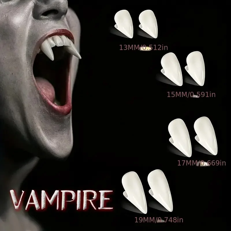 4 Paar Vampirzähne für Cosplay, Zahnersatz-Requisiten, Halloween-Kostüm-Requisiten, fester Kleber, Zahnersatz-Klebstoff, Halloween – Detail 3
