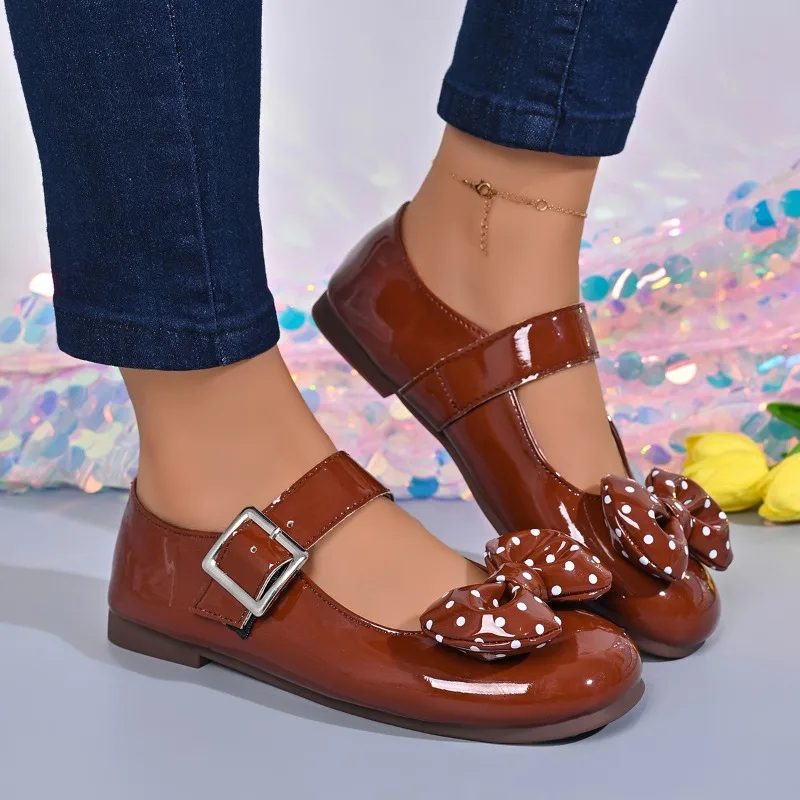Kids Girls Mary Jane Flat Shoes Polka Dot Bow Patent Leather Buckle Strap Princess Dress Shoes Children Casual Party Shoes