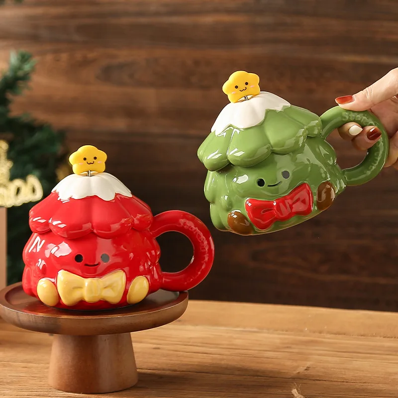 Creative hand-painted Christmas tree ceramic mug, internet-famous,home-use with lid and spoon, large-capacity drinking cup