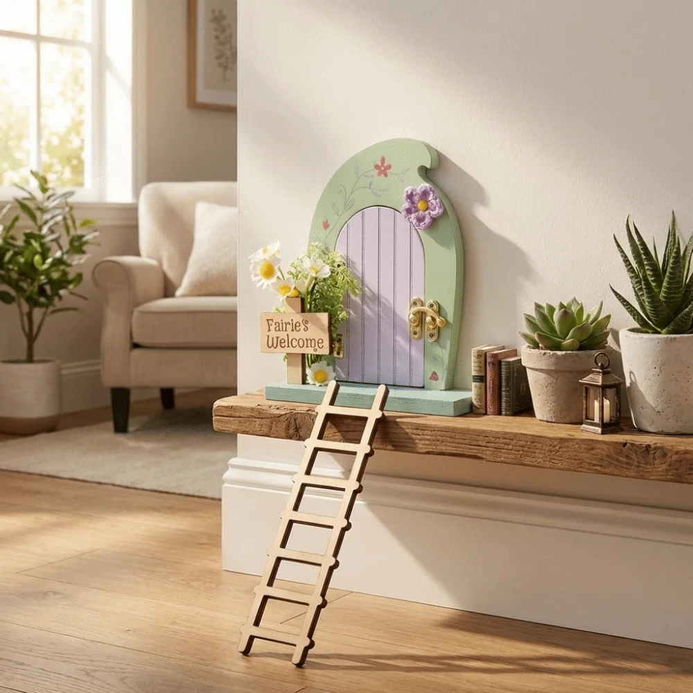 Cartoon Wooden Fairy Door Ornaments Detachable with Ladder Simulation Fairy Door Room Miniature Fairy Tale Door Courtyard Garden
