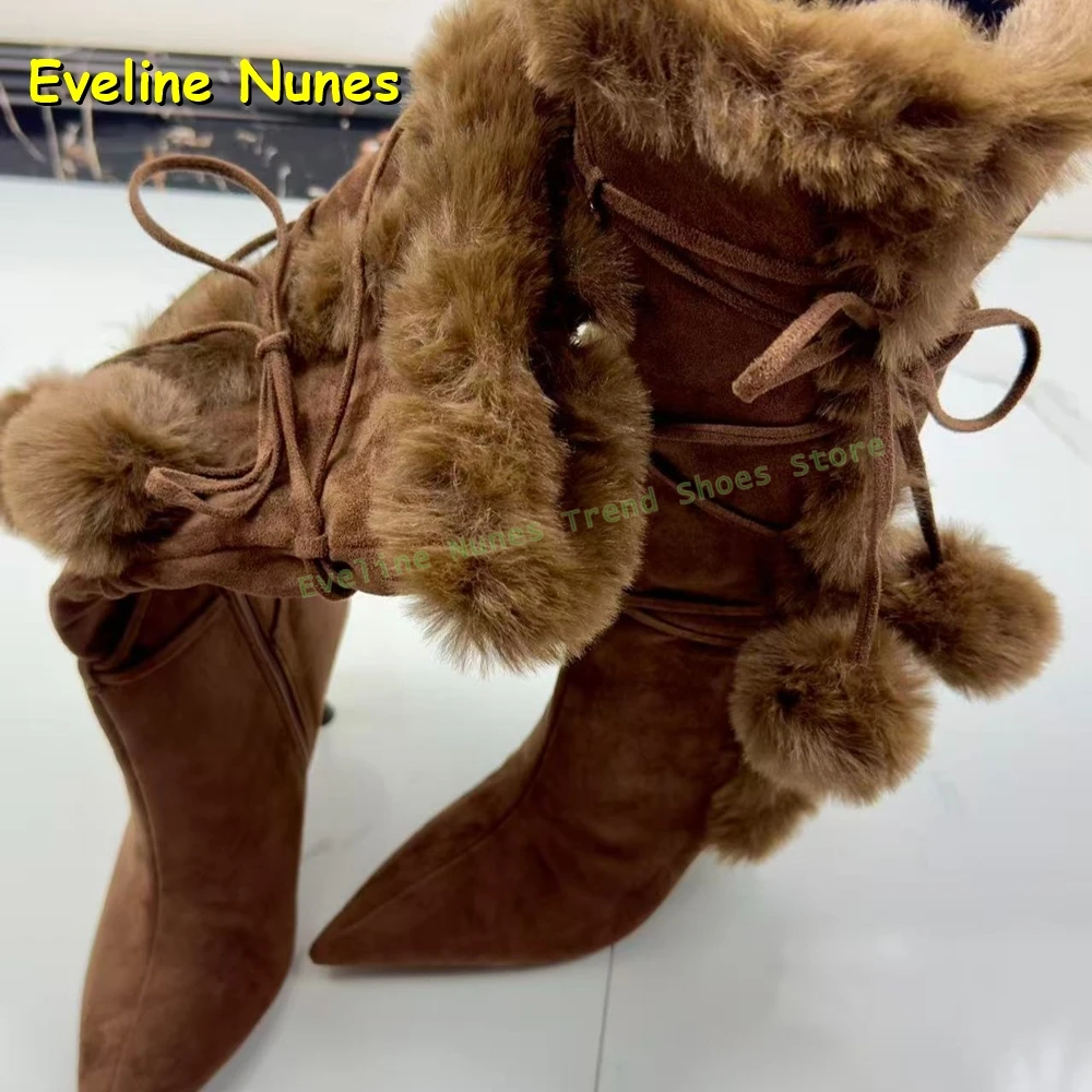 Faux Fur Pom-Pom Fashion Boots Pointed Toe Stiletto Lace-Up Zipper Closure Women Retro Knee High Boots 2025 Winter New Arrivals