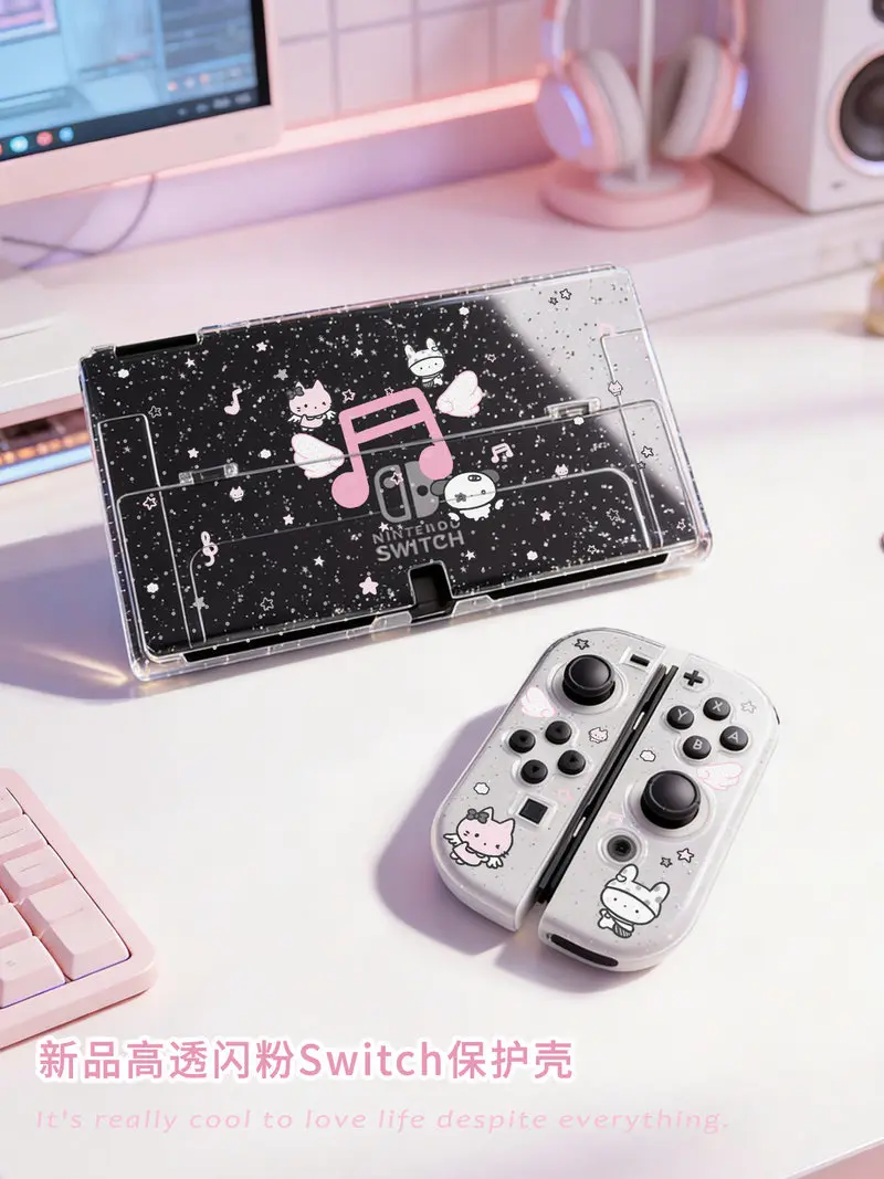 

Switch Protective Case Transparent Glitter Silicone Shockproof Cartoon Pattern With Stand For 2nd Generation Oled
