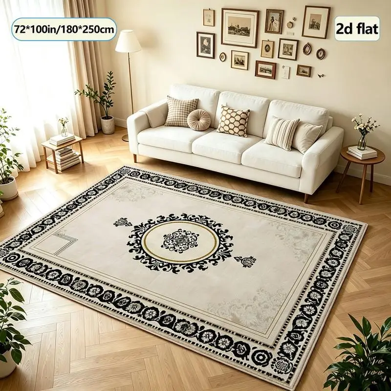 Cream-Colored Black Vintage Medal Border Carpet Floor Decoration Simple Retro Square Carpet Suitable for Home Living Room Interior Decoration