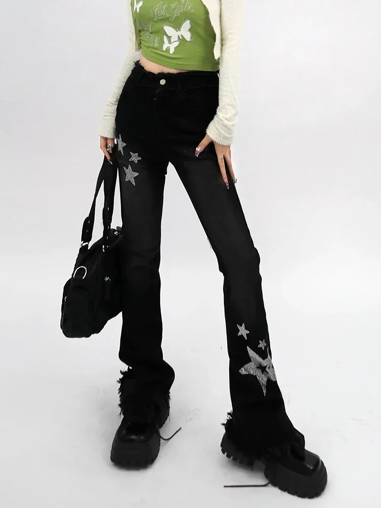 Punk Black Slight Flare Long Baggy Jeans Women Spring New Design Star Diamonds Stamping Rip Goth Slim Mopping Denim Pants Capris