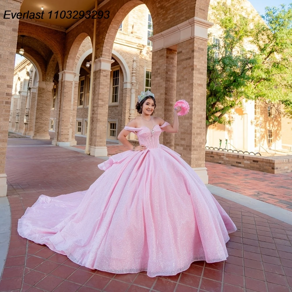 

EVLAST Customized Shiny Pink Quinceanera Dress Ball Gown Applique Crystals Beaded Bow Corset Sweet 16 Vestido De 15 Anos E1Q12