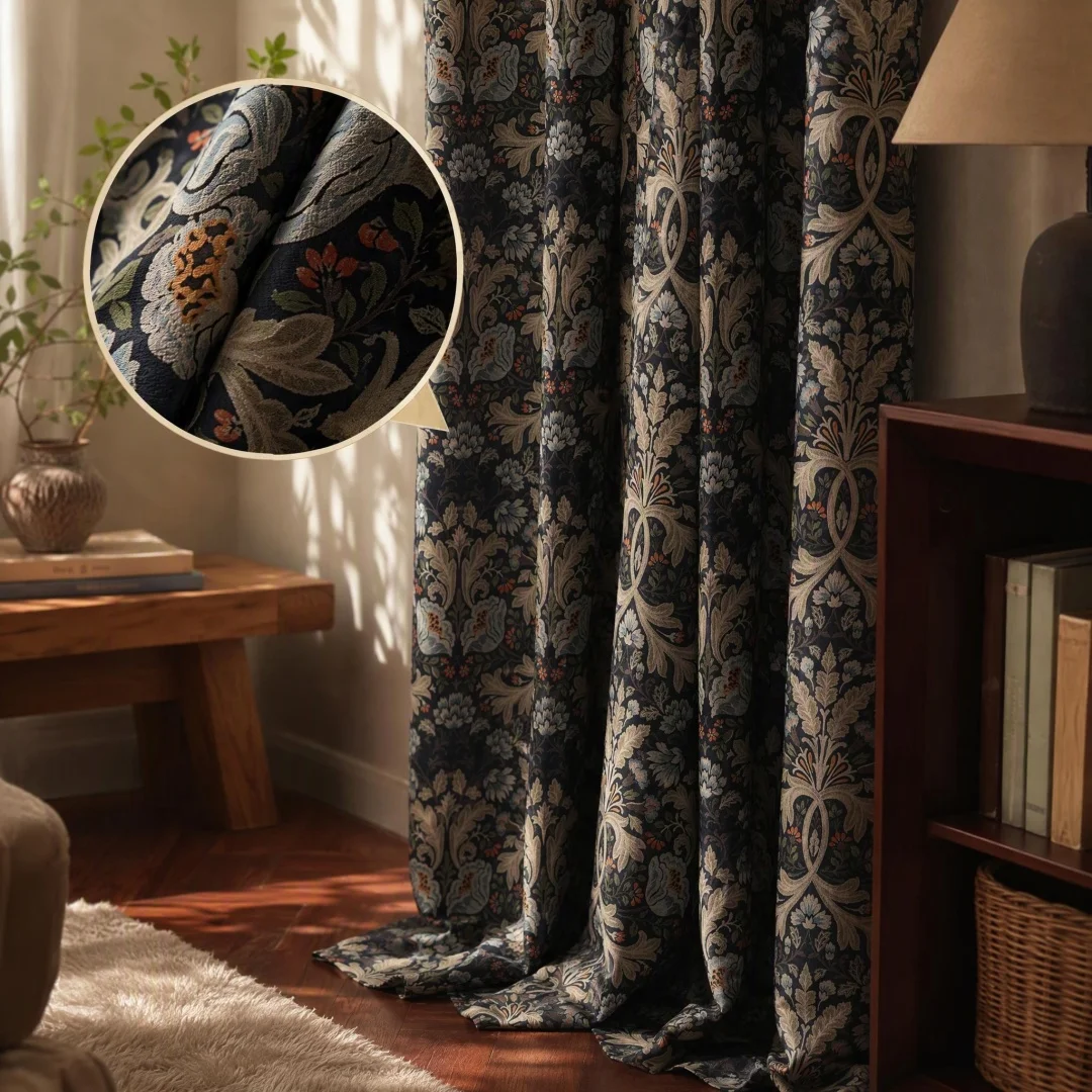 French vintage chenille printed curtains American country full shading bedroom living room French window insulation curtains