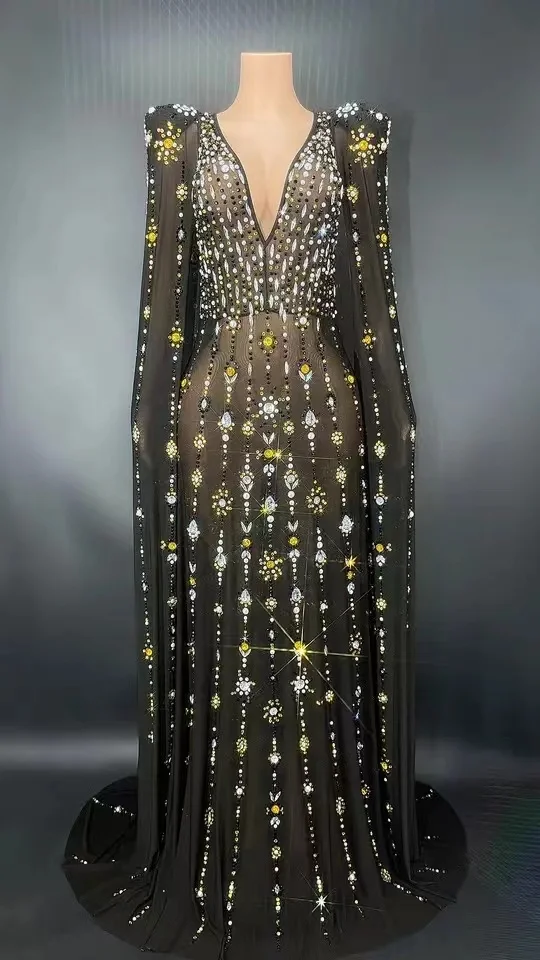 

Ocassion Luxury Crystal Prom Dresses Long Women Evening Gowns Stage Full StoneReflective Cloak Drag Queen Opera SingerSpecial