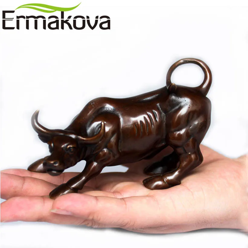 Brass Ox Wall Street Bull Figurine Charging Stock Market BullStatue Feng Shui Sculpture Home Office Decoration Gift