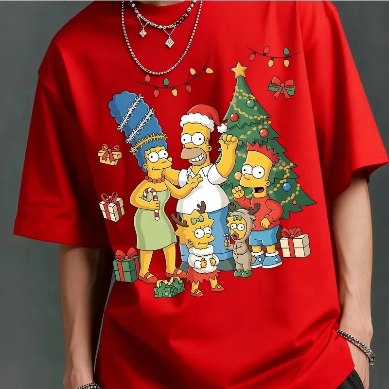 Christmas Tree Simpson Collaboration Christmas Homer and Bart Print Boys' and Girls' Same Casual Short-sleeved T-shirt