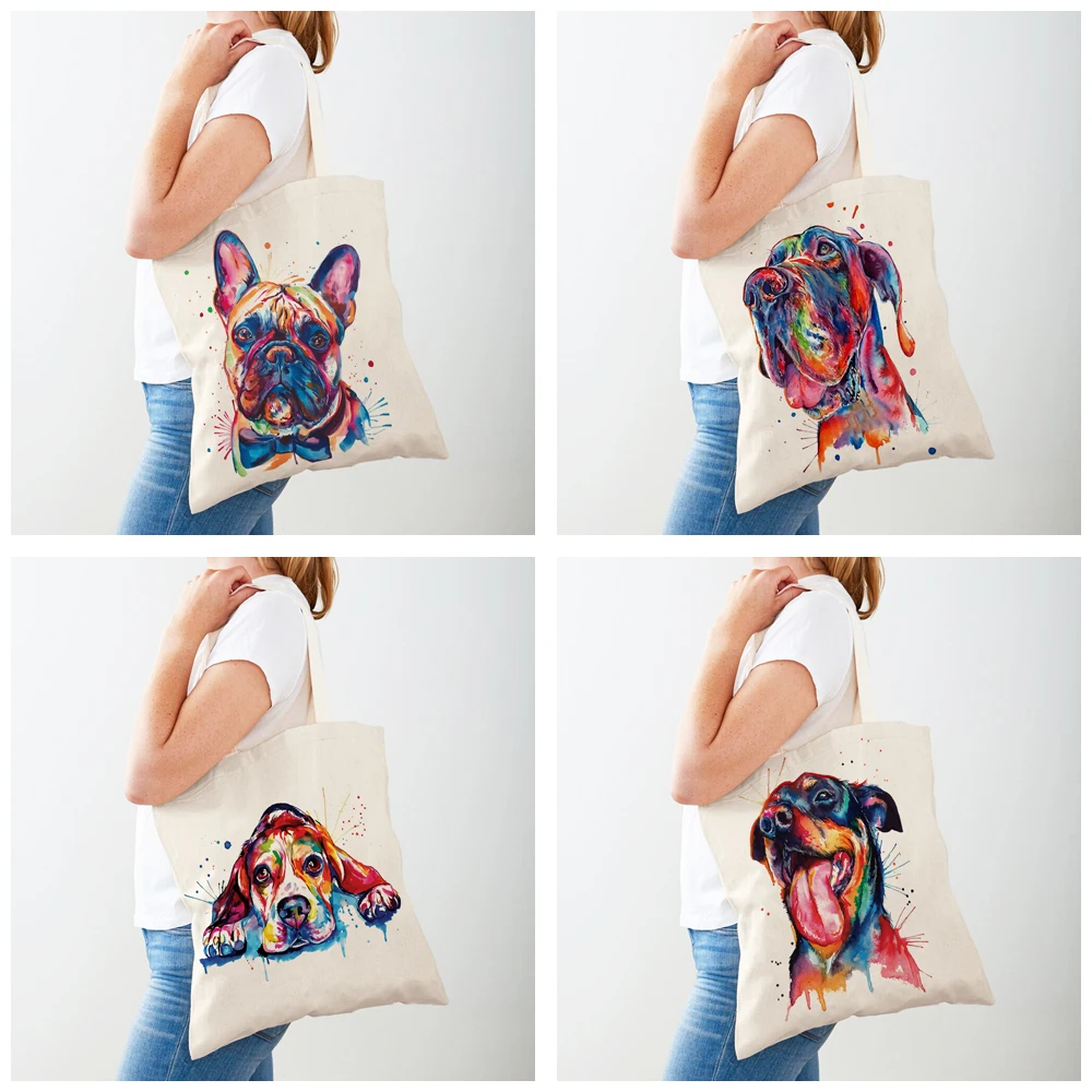 Cute Cartoon Pet Dog Eco Shopping Bag Women Canvas Tote Handbag Reusable Watercolor Animal Lady Shoulder Shopper Bags