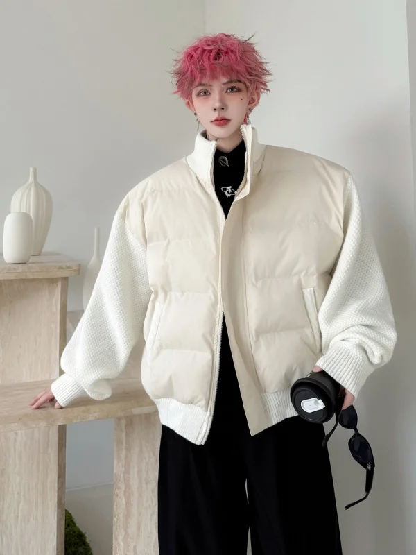 

Теплая повседневная вязаная куртка с воротником-стойкой и пэчворком для мужчин, модная универсальная зимняя верхняя одежда для молодежи