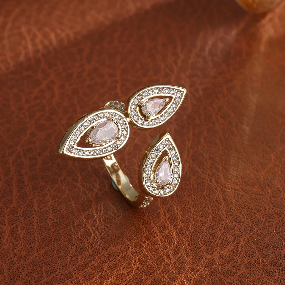 ZAKOL Shiny Pear-shaped Zircon Turkey Evil Eye Design Adjustable Open Rings Niche Fashion Couple Ring Engagement Jewelry Gift