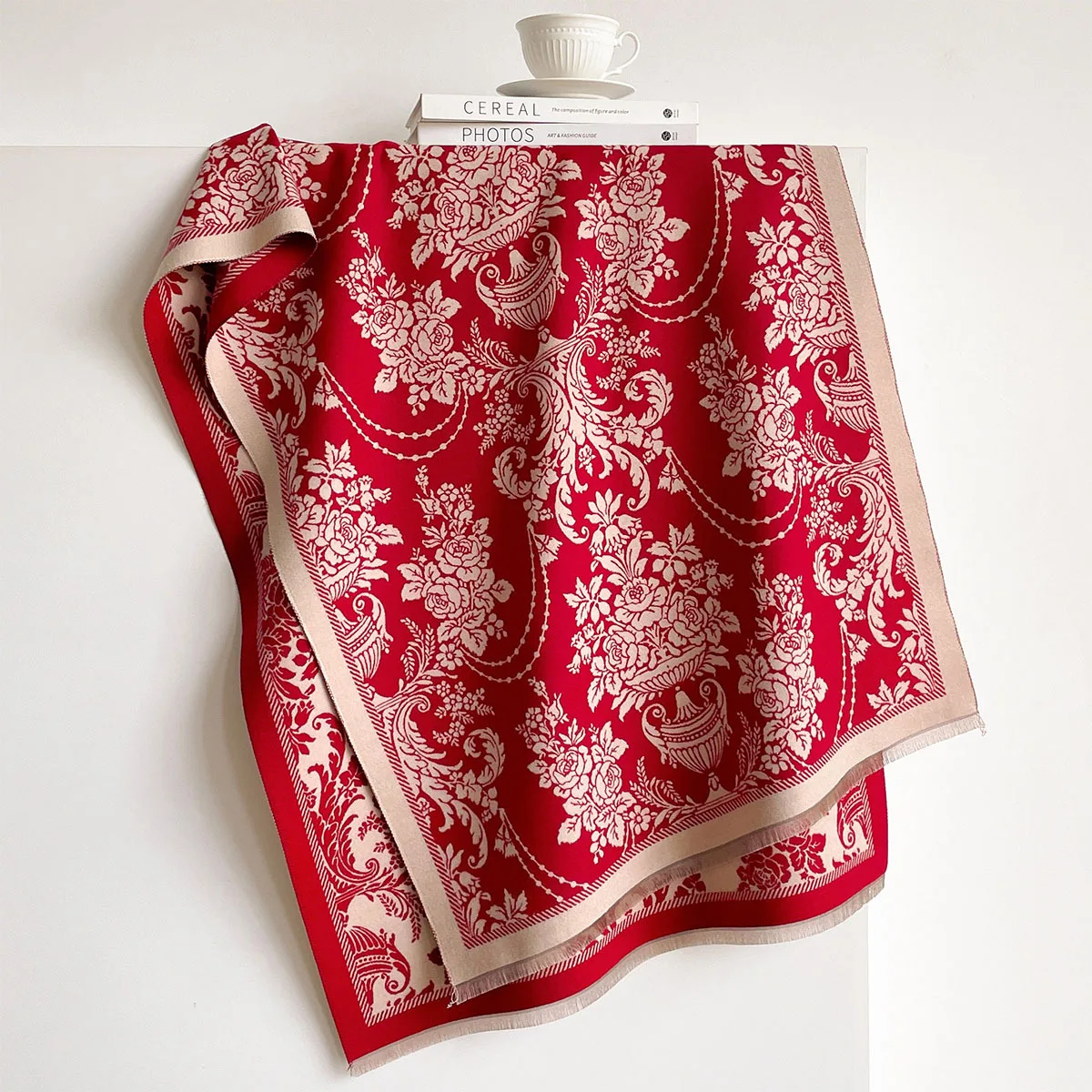 Winter High Grade Faux Cashmere Shawl Women Red Vintage Romantic Rose Urn Floral Motif Thick Cozy Warm Large Wrap Scarf