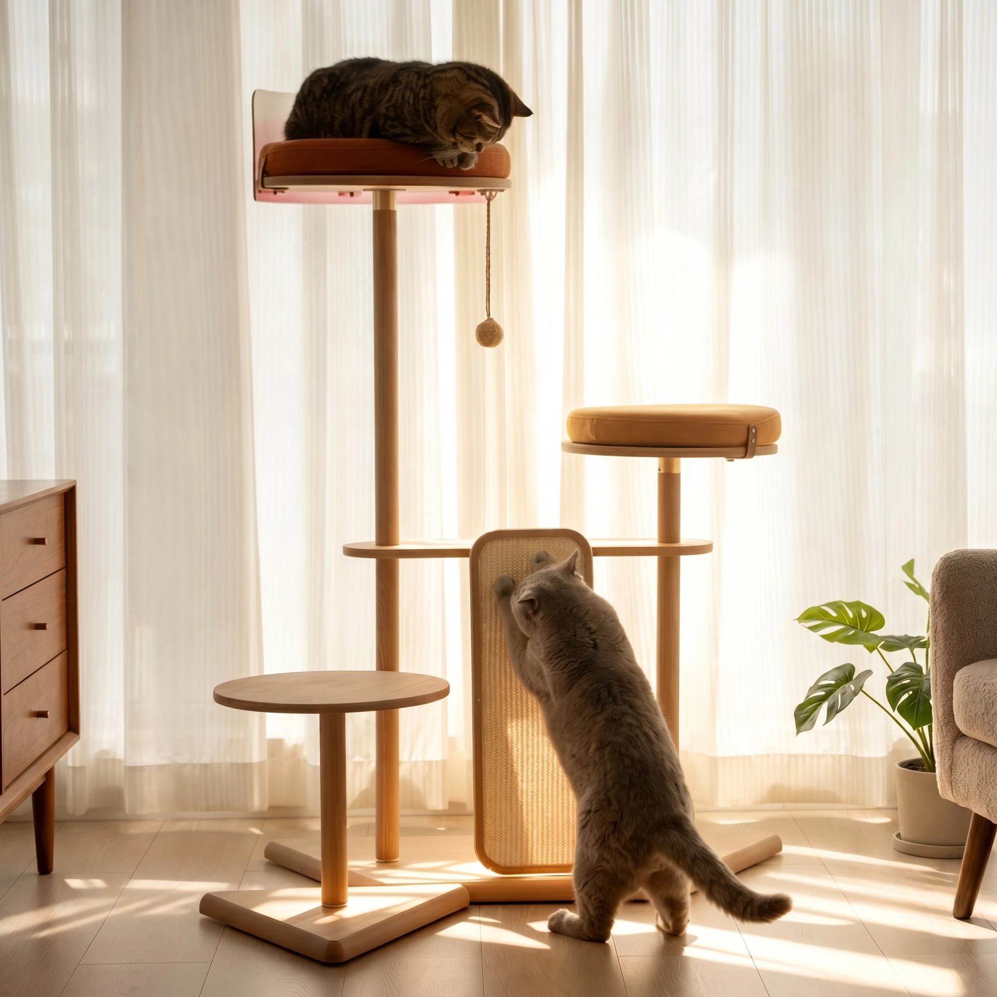 LA LOT Mondrian Inspired Modular Cat Tree, Geometric Art Design, Solid Wood Frame, Memory Foam, Modern Minimalist Furniture