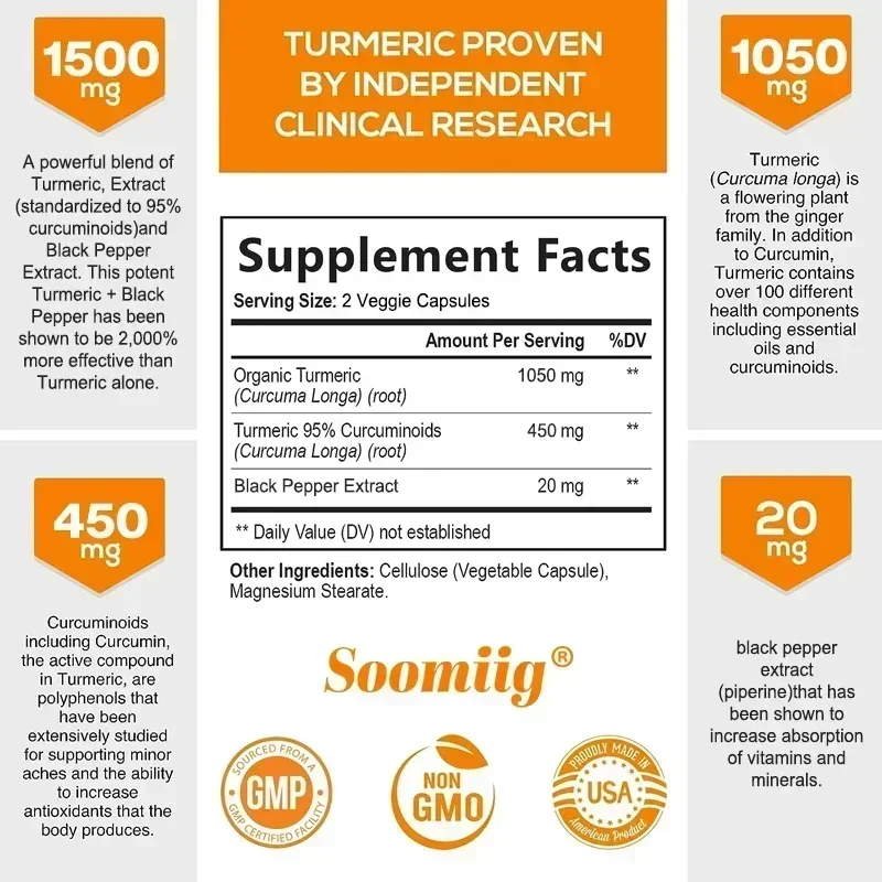 Organic Turmeric 1500 Mg Capsules with Black Pepper & Ginger - High Strength Active 95% Turmeric Extract Curcumin Supplement