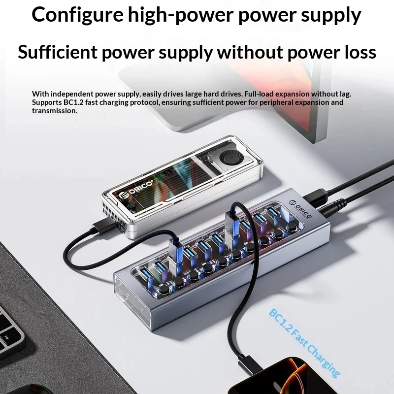 Orico 10 Port Usb 3.0 Hub With Individual Power Switches Bc1.2 Fast Charging 48w Power Adapter For Laptop Pc Mobile Hard Drive