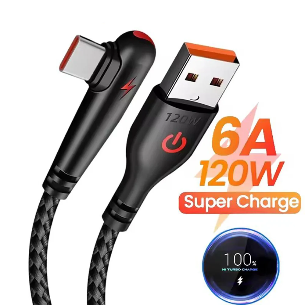 120W USB C 90° Elbow Cable Type C Fast Charging Mobile Phone Charger Wire For Samsung Xiaomi Huawei USB-C Quick Charge Data Cord