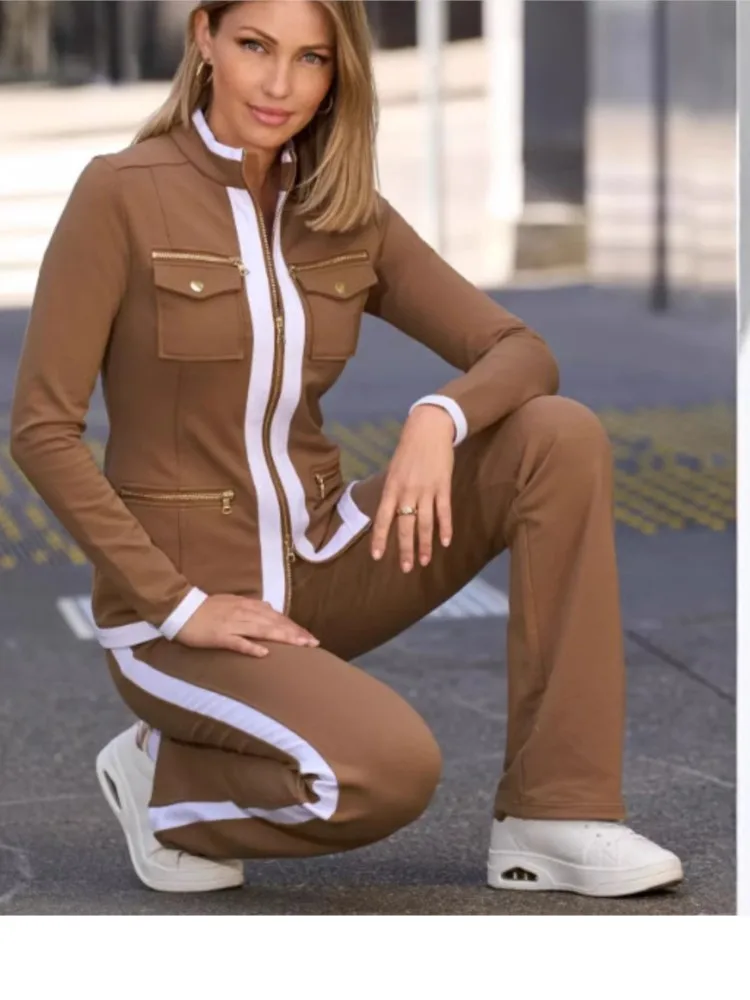 

New Fashion Women's Sweatpants Suit 2025 Solid Color Stripes Slim Zipper Top jacket + Straight Trousers Two Piece Sets Commuting