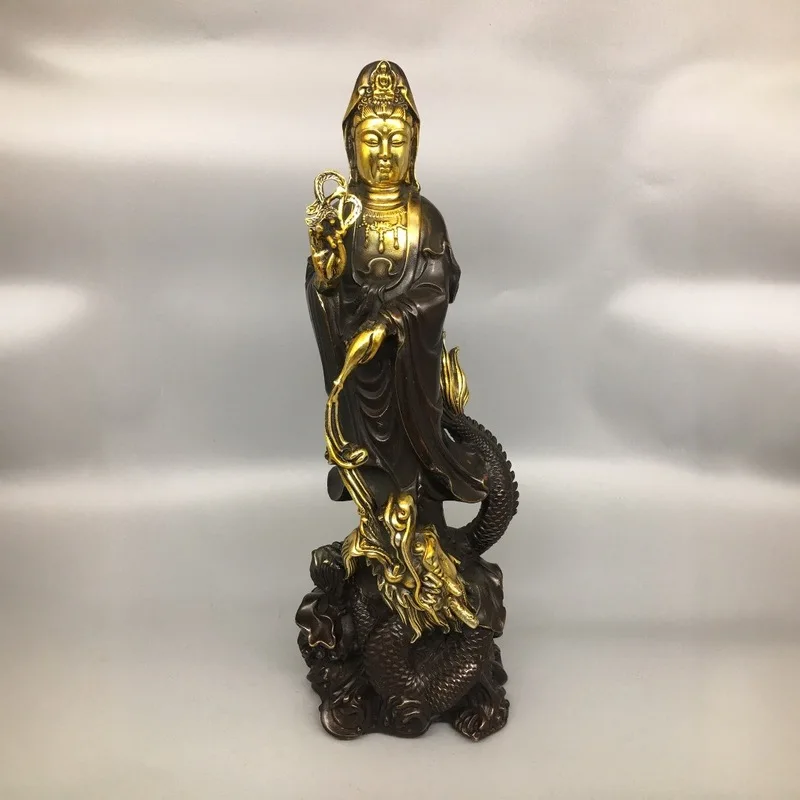 Copper Guanyin Figurine for Home Decoration, Brass and Purple Copper Color, Gilt Dragon Guanyin Ornament