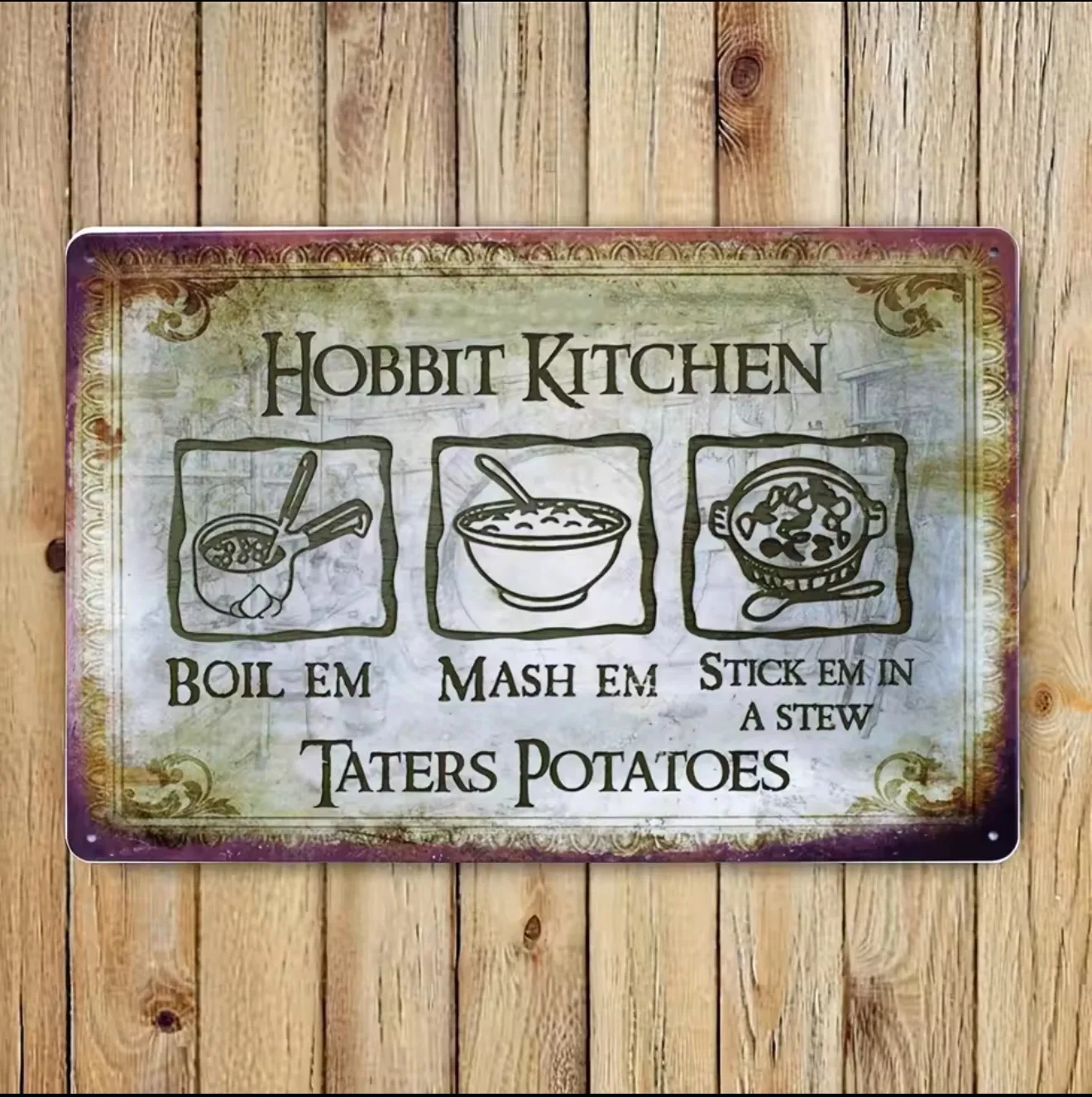Hobbit Kitchen Metal Tin Sign - Vintage Wall Decor with Whimsical Potato Cooking Instructions, Unframed, Perfect for Home Decor