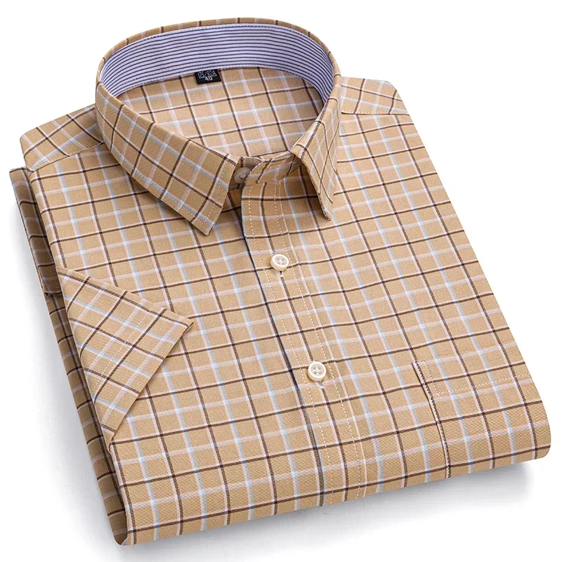 Men's High-quality Oxford Cotton Short Sleeved Shirt for Summer Comfort Breathable Classic Solid Color Plaid Business Leisure