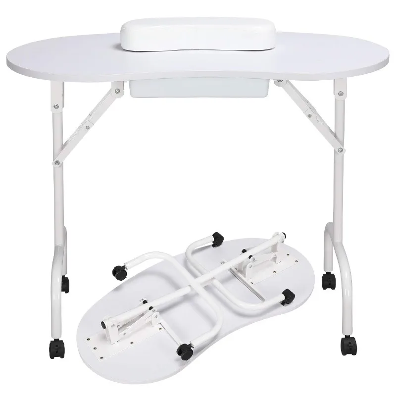 Estación de mesa plegable para manicura, escritorio para técnico de uñas, estación de trabajo para Spa, salón de belleza con cajón, almohadilla para muñeca para cliente, ruedas bloqueables