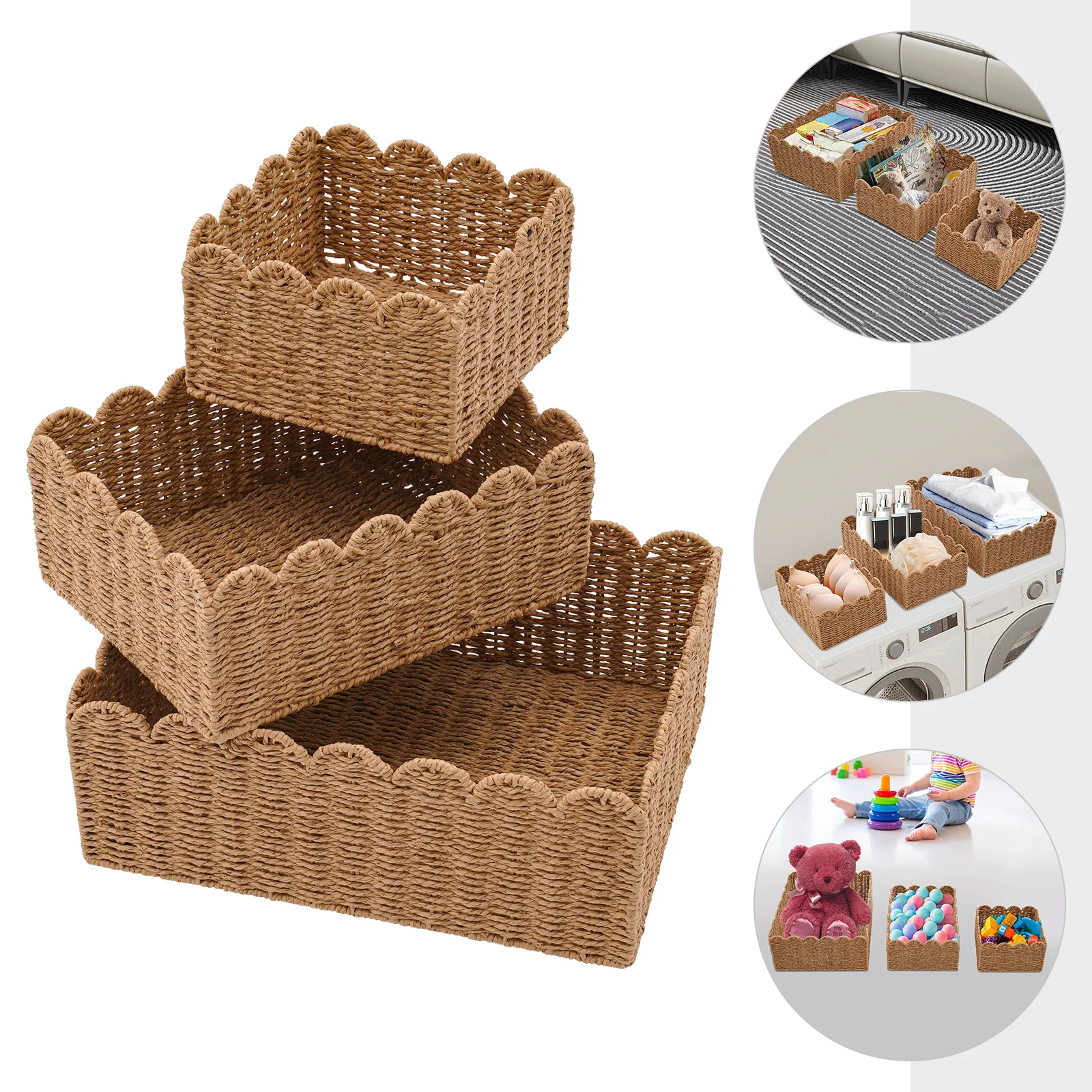 3PCS Storage Baskets Scalloped Edge Wicker Basket Storage Organizer Rattan Basket