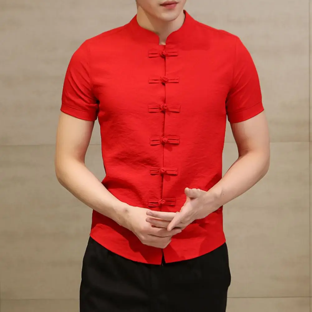 Vintage Men Summer Shirt Stand Collar Short Sleeve Men Top Solid Color Slim Fit Knot Buttons Men Shirt Chinese Traditional Shirt