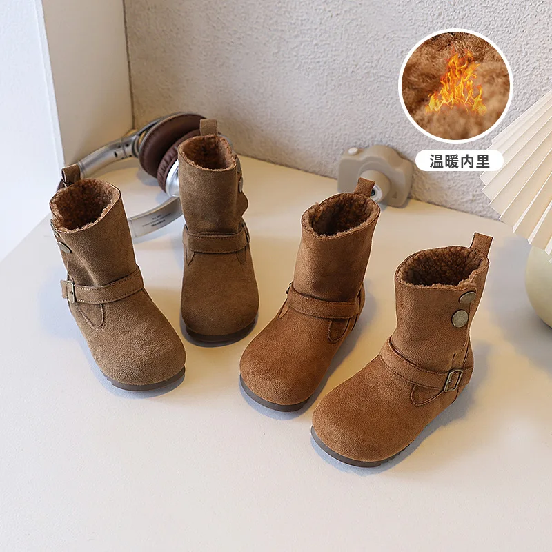 Girls Brown Studded Boots 2026 Winter Double Strap Shearling Lined Mid Calf Fashion Boots for Girls Kids Warm Snow Boots