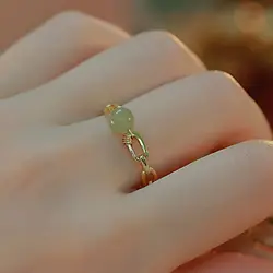 1Pc Hetian Jade Beaded Ring Female Retro Niche Design Minimalist Finger Buckle All Match Jade Open Ring Jewelry