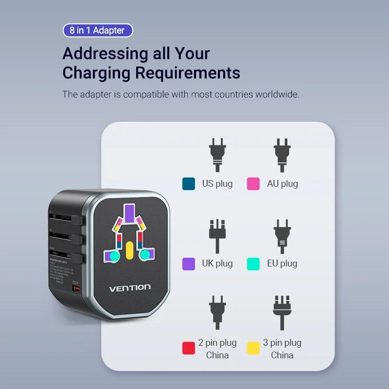 Vention Universal Travel Adapter PD 65W All in One Worldwide Travel Adapter Wall Charger AC Power Plug Adapter for USA EU AUS UK