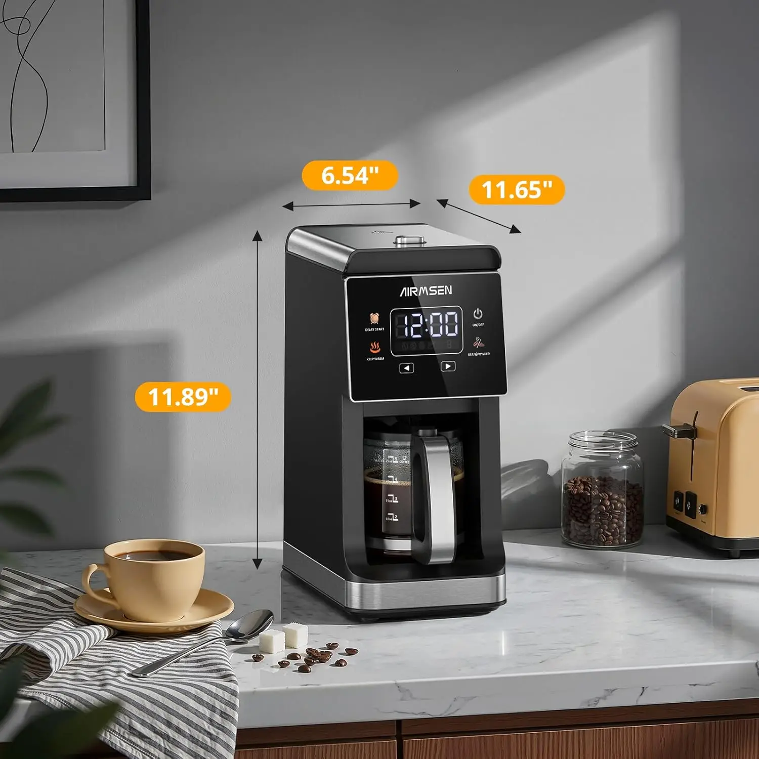 Programmable Single-Serve Coffee Maker with Built-In Grinder, 5-Cup (800ml), 3 Grind Options, Auto Keep Warm, Glass Carafe - Ide