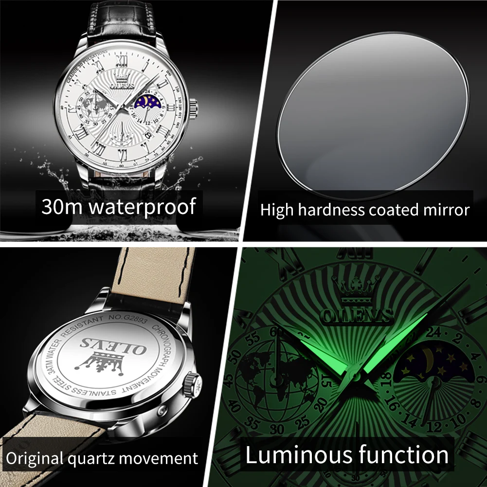 OLEVS orologi al quarzo per uomo cinturino in pelle di lusso calendario quadrante fasi lunari impermeabile luminoso orologio da polso da uomo d'affari di moda
