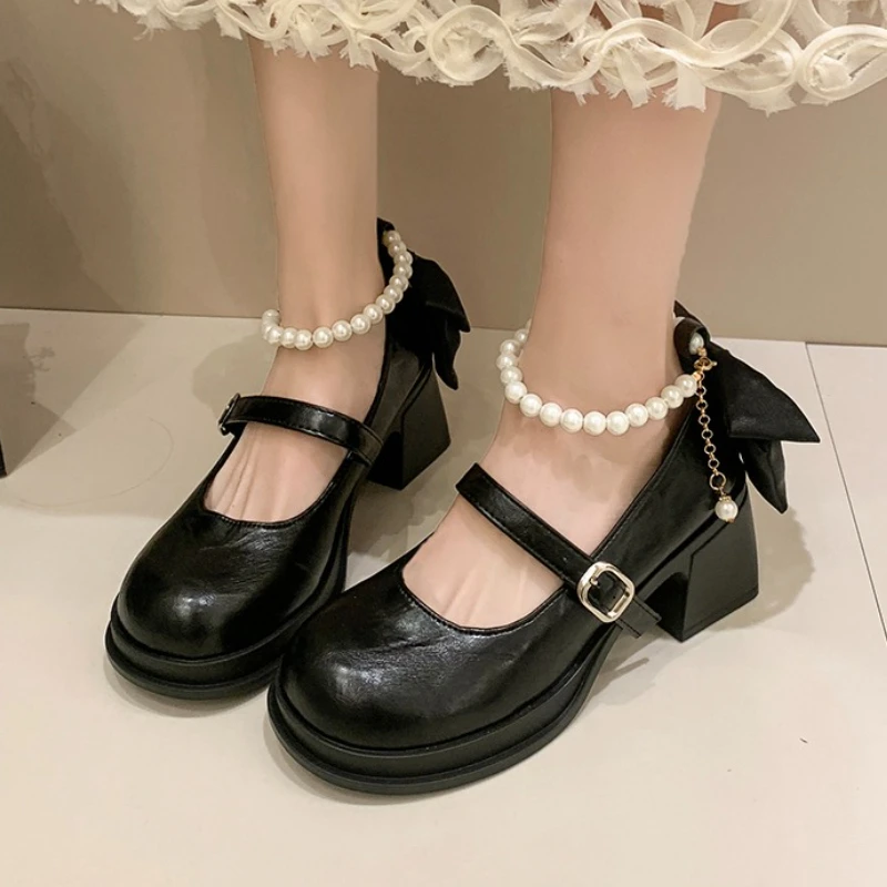 

Bow Beaded Women High Heels Shoes Fashion Marie Janes Summer Sandals Designer 2025 Chunky Lolita New Party Pumps Woman Zapatos