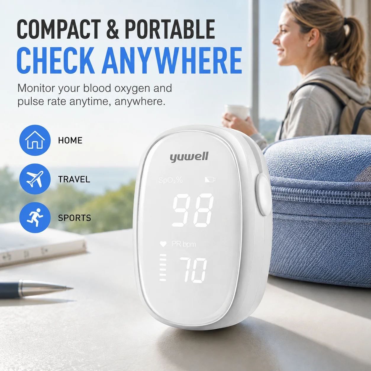 Fingertip Pulse Oximeter Yuwell YX102 SpO2 Blood Oxygen Monitor Pulse Rate Meter Clear LED Display Portable Home Travel Use