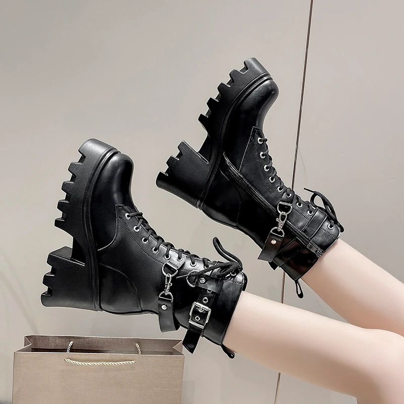 Comemore Gothic 8.5CM Heeled Platform Women Mid-calf Boots Autumn Winter high heels Punk Style Women Motorcycle Botines Shoes