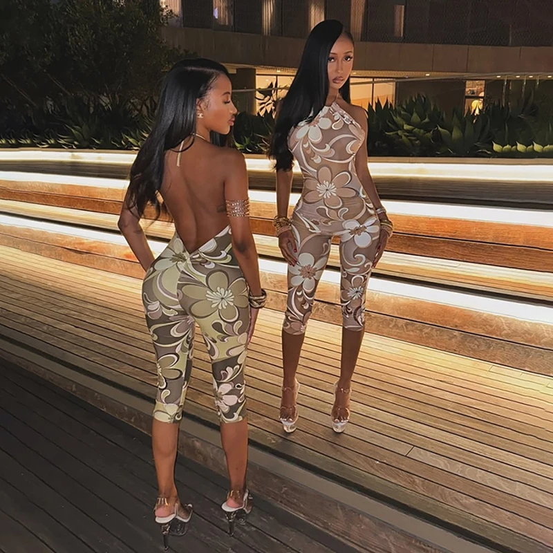 STYLISH LADY Floral Printed Backless Playsuits 2025 Summer Women Halter Bodycon Hollow Out Sexy Club Party Rompers
