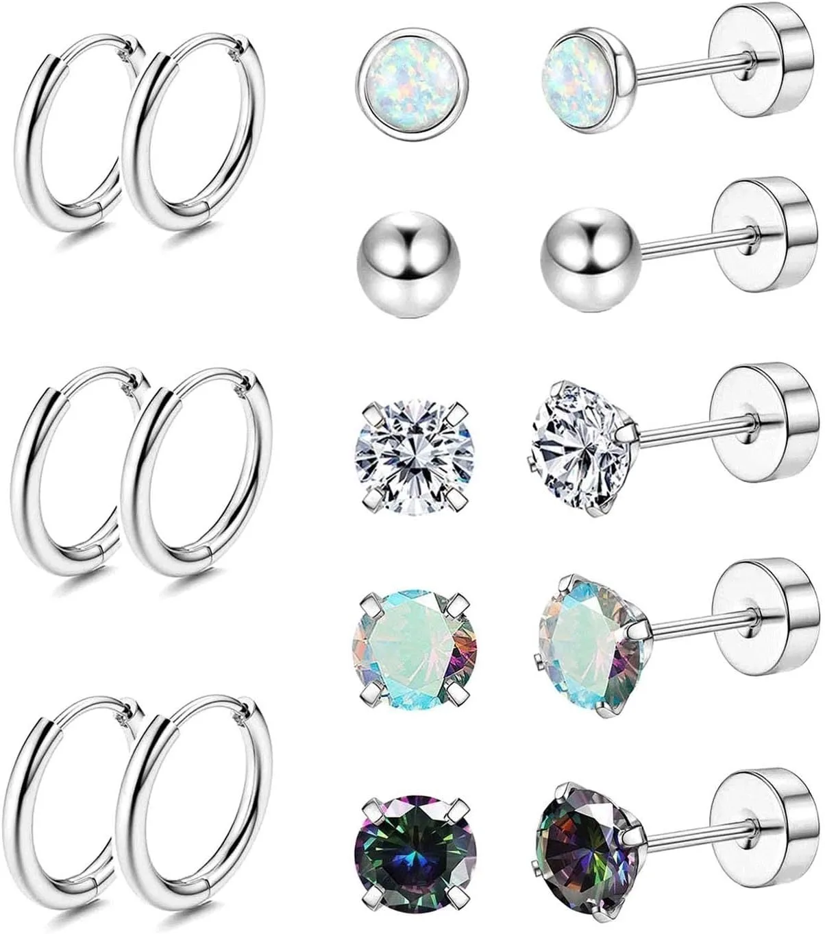 Hypoallergenic 18G Stainless Steel Stud Hoop Earrings Set for Women Men CZ Flat Back Earrings Cartilage Earrings Hoop Stud