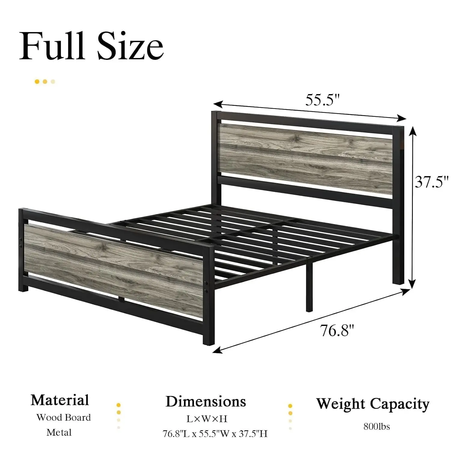 Full Metal Platform Bed Frame with Headboard, Steel Slat Support, 10.5in Storage, No Box Spring, Easy Assembly, Wash Grey, Custo