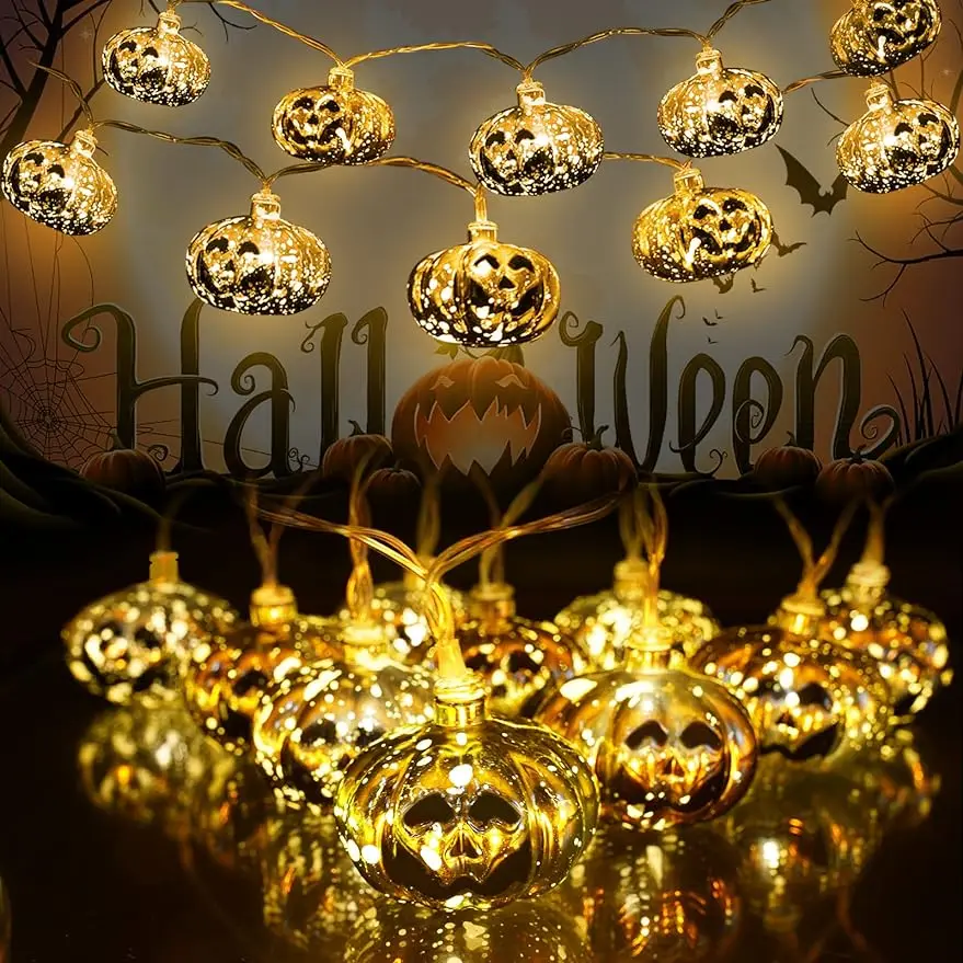 

20 LED Gloden Halloween Decorations Lights, 9.8 FT Pumpkin String Lights Battery Operated with 8 Modes, Halloween Lights