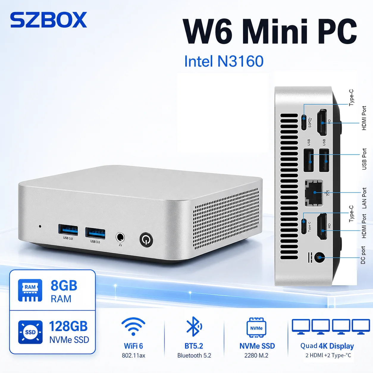 

W6 MINI PC Intel Celeron Processor N3160 Low-Power MINI PC Windows 10 8GB 128GB M.2 SATA SSD USB3*2 1000M LAN Desktop Office PC
