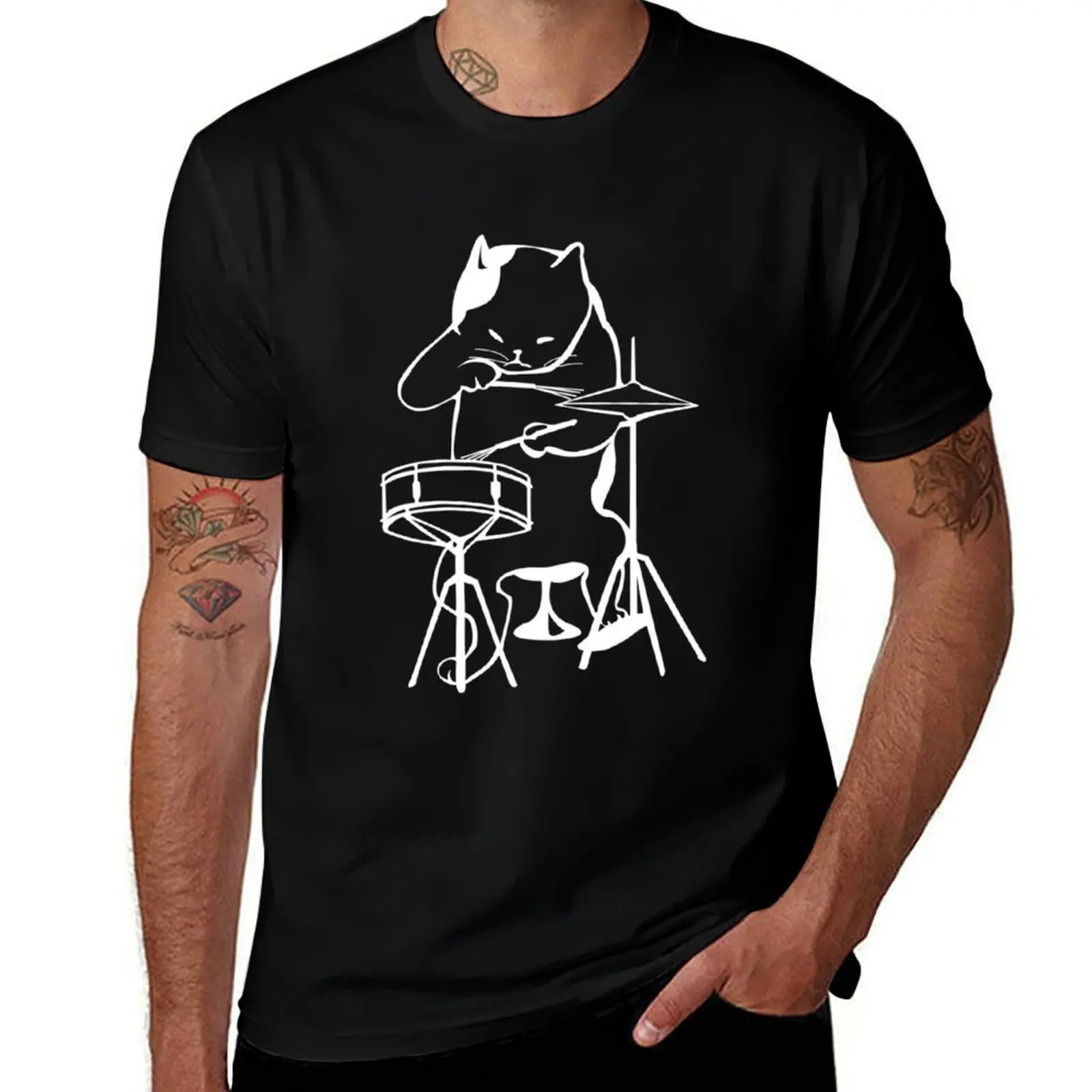 CAT PLAYING DRUMS T-Shirt Large Size Soft Cotton T-Shirt
