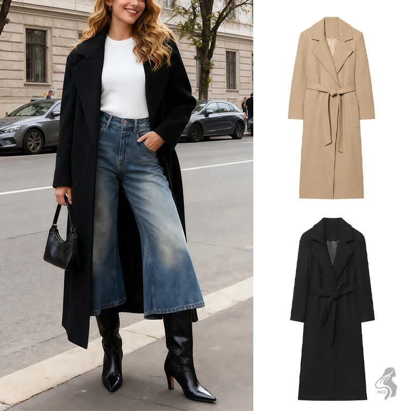 

Женское удобное повседневное пальто с лацканами и поясом, смешанная универсальная куртка средней длины, незаменимая для осени и зимы