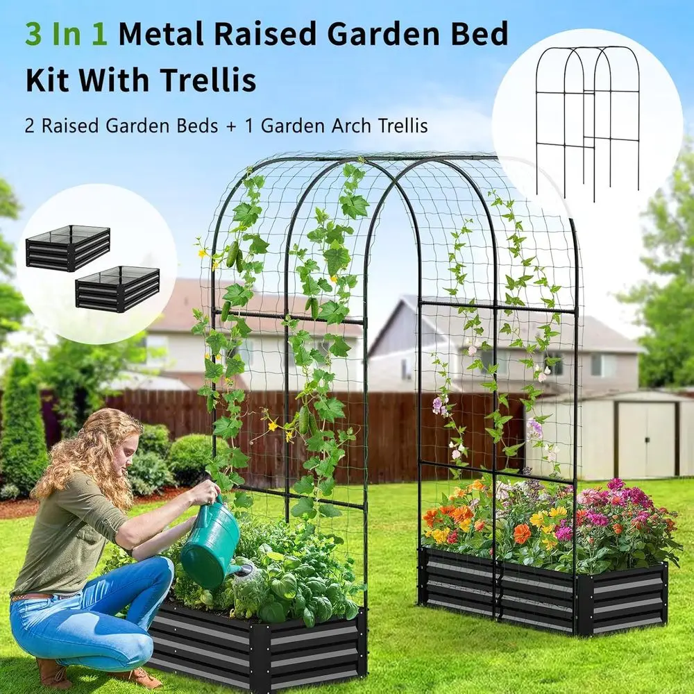 4x2x1t Raised Garden Bed with 87H Arch Trellis or ClimPlants | 2 Pcs Garden Planter Box Outdoor Metal Gardening Beds with ClimNe