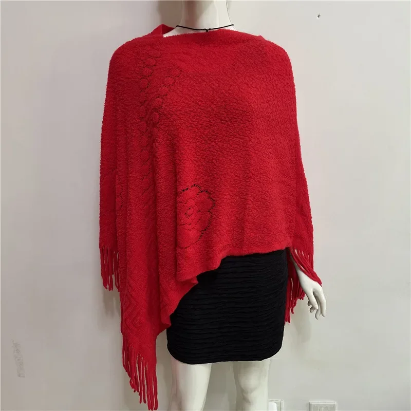 Spring Sweater Pullover Sweater Women Outer V-neck Shawl Cloak Solid Color Korean Tassel Cloak Red