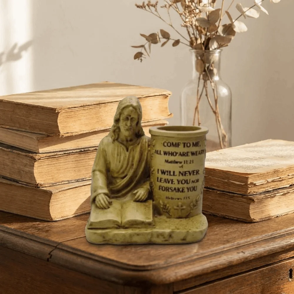 Decorative Resin Jesus Pen Holder Spiritual Comforting Cross Pen Holder with Verse Religious Pen Holder Holiday Gift