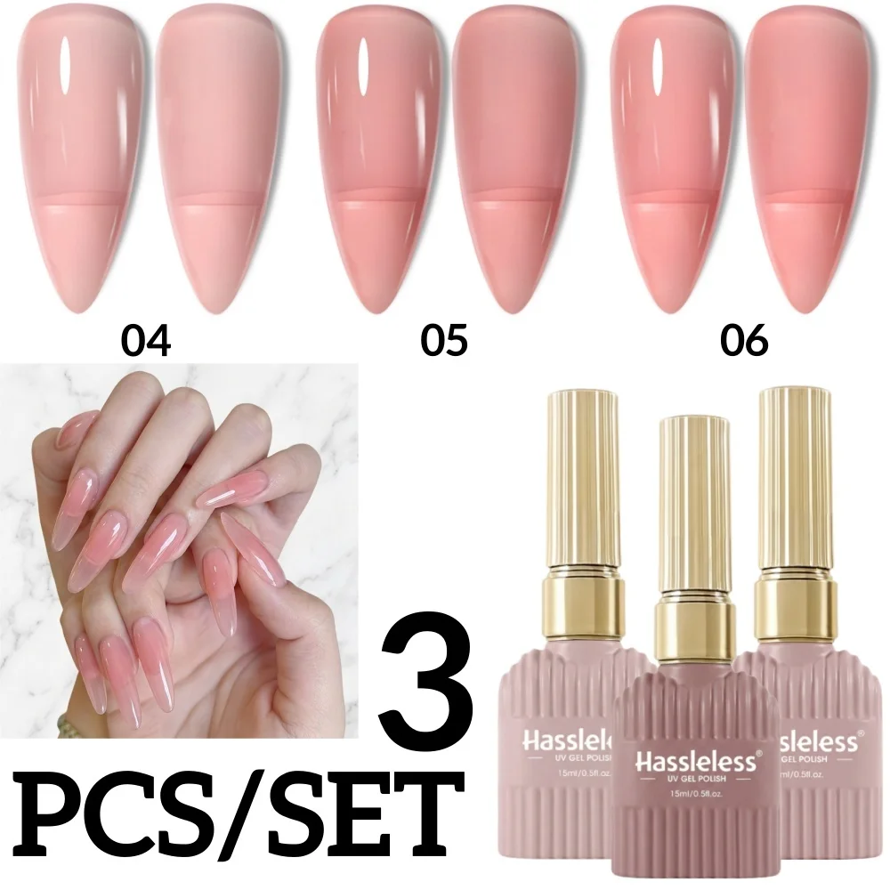 Hassleless Gentle Skin Tone Nail Polish Gel Set, Natural Transparent Nude Nail Polish Gel, High Gloss Easy-To-Apply, Shiny Nude Pink Nail Polish Gel, Popular Basic Nail Color Series for Nail Art Beginners