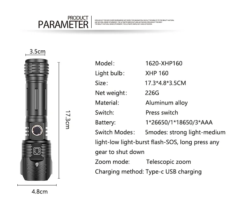 ハイパワー P160 LED 懐中電灯 Pocketman 戦術トーチ防水トーチ USB 充電式懐中電灯使用 18650 バッテリー