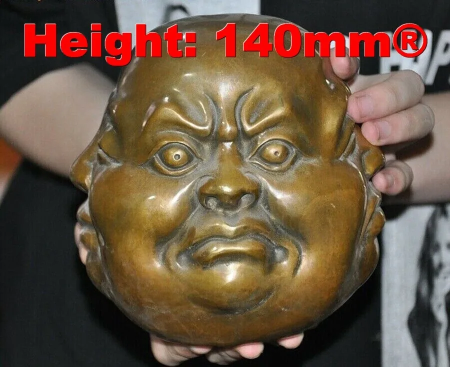 14CM Chinese Buddhism brass copper 4 Face Expression Maitreya Buddha Head Statue